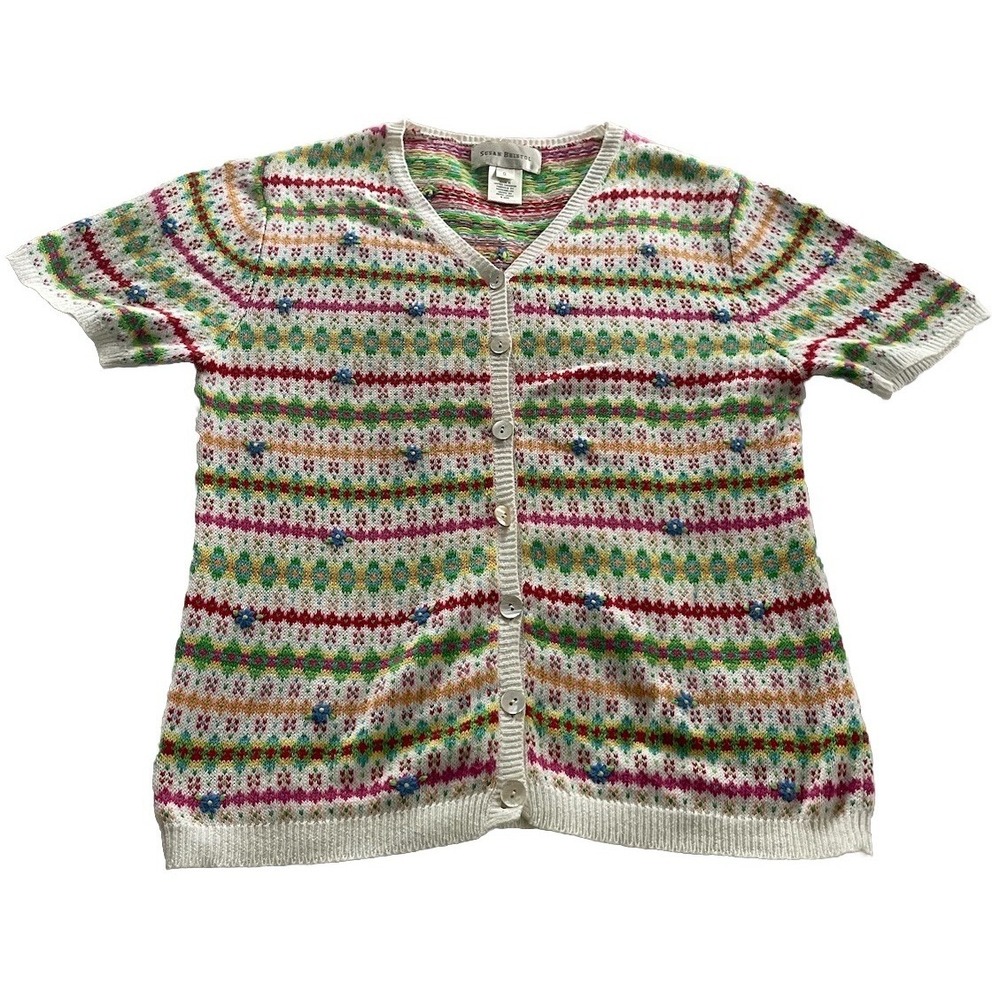 Womens Vtg Susan Bristol Multi Colored Floral Hand Embroidered Cardigan Size S